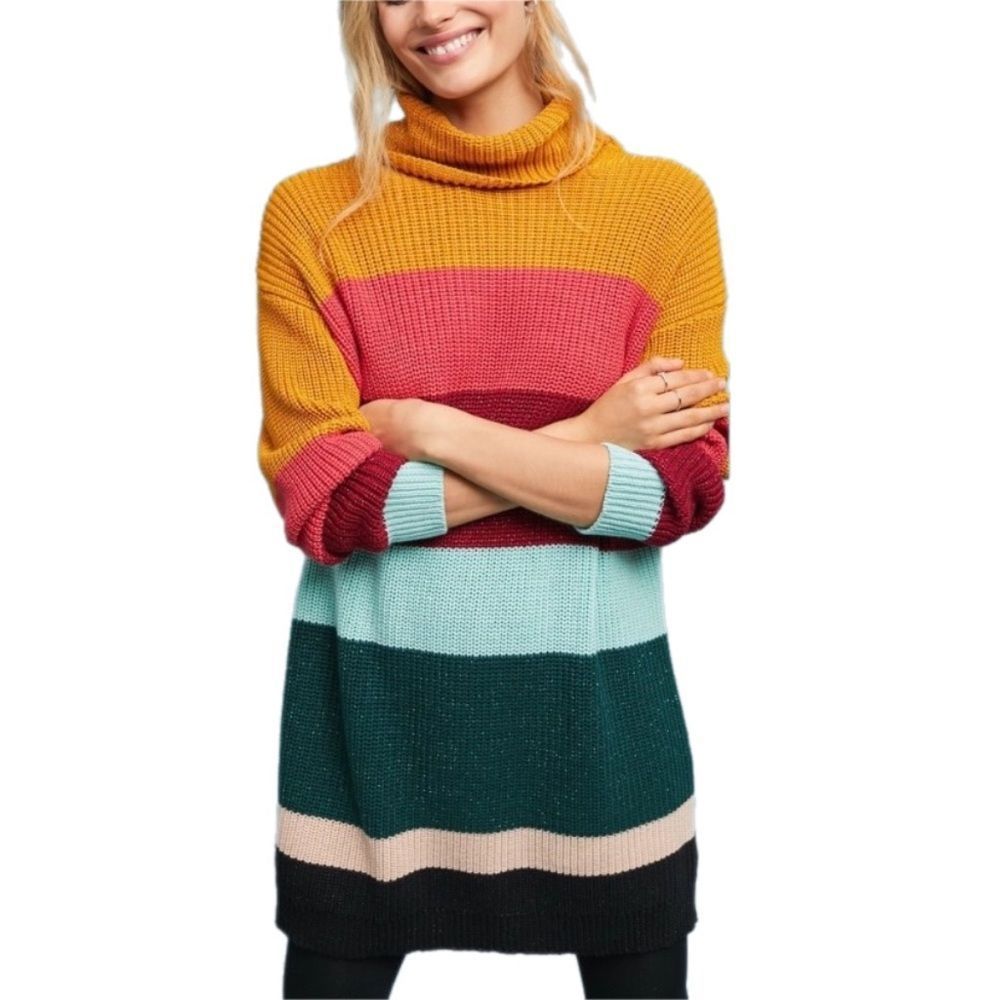 Farm Rio Boldly Stripe Turtleneck Knit Sweater Dress